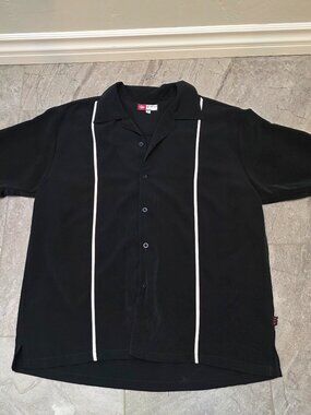 Vintage IZ IT U Bowling Shirt Mens Large Black Retro USA Rockabilly white stripe